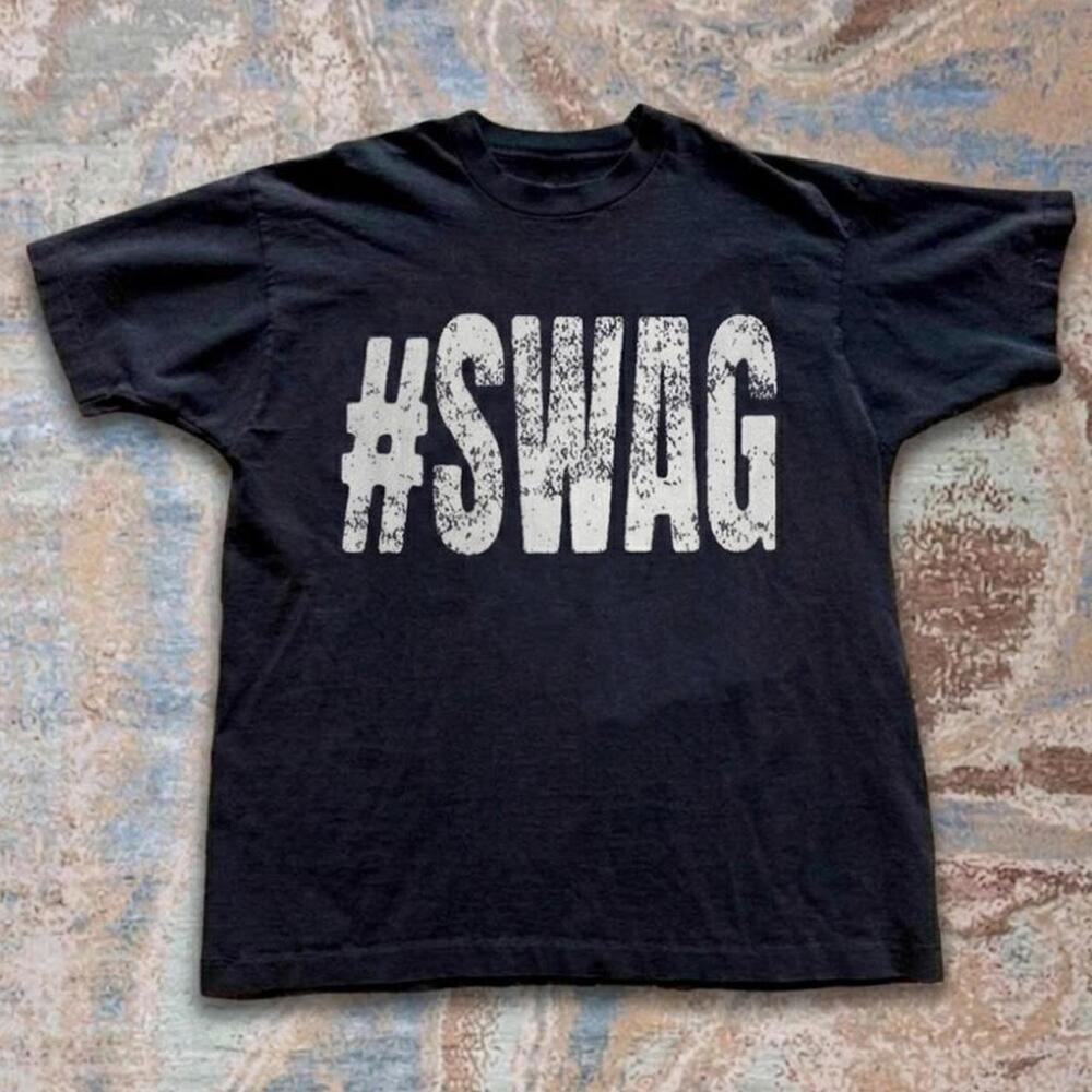 Black & White Swag Tee With White Distressed Hashtag Swag Graphic